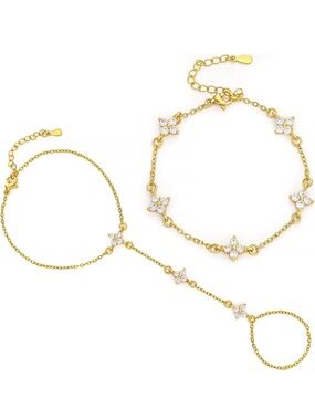 New! Gold color Crystal Flower Bracelet & Hand Chain Set